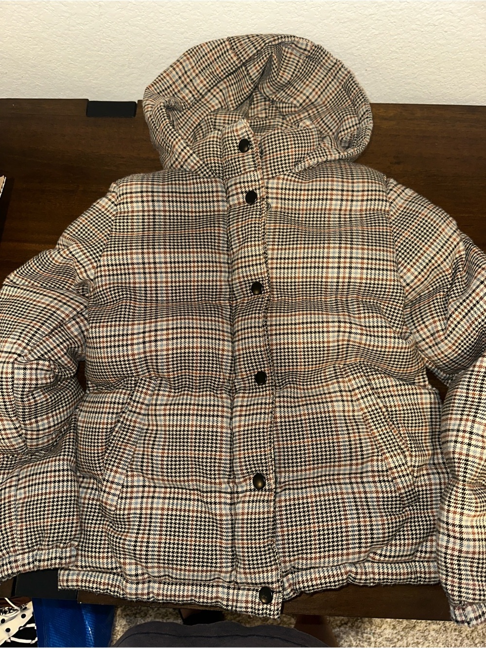GB girls Hooded Plaid Puffer Jacket in Tan and Black